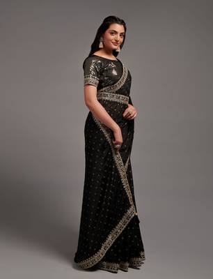 Black Color Bandhani Print Chinon Fabric Saree with Heavy Zari Embroidery Sequins Work Border Lace work With Waist Belt 3