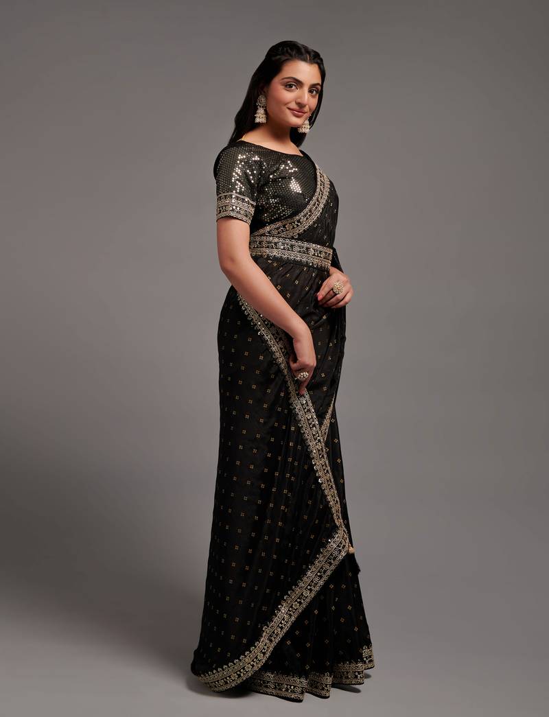 Black Color Bandhani Print Chinon Fabric Saree with Heavy Zari Embroidery Sequins Work Border Lace work With Waist Belt