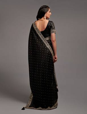 Black Color Bandhani Print Chinon Fabric Saree with Heavy Zari Embroidery Sequins Work Border Lace work With Waist Belt 4