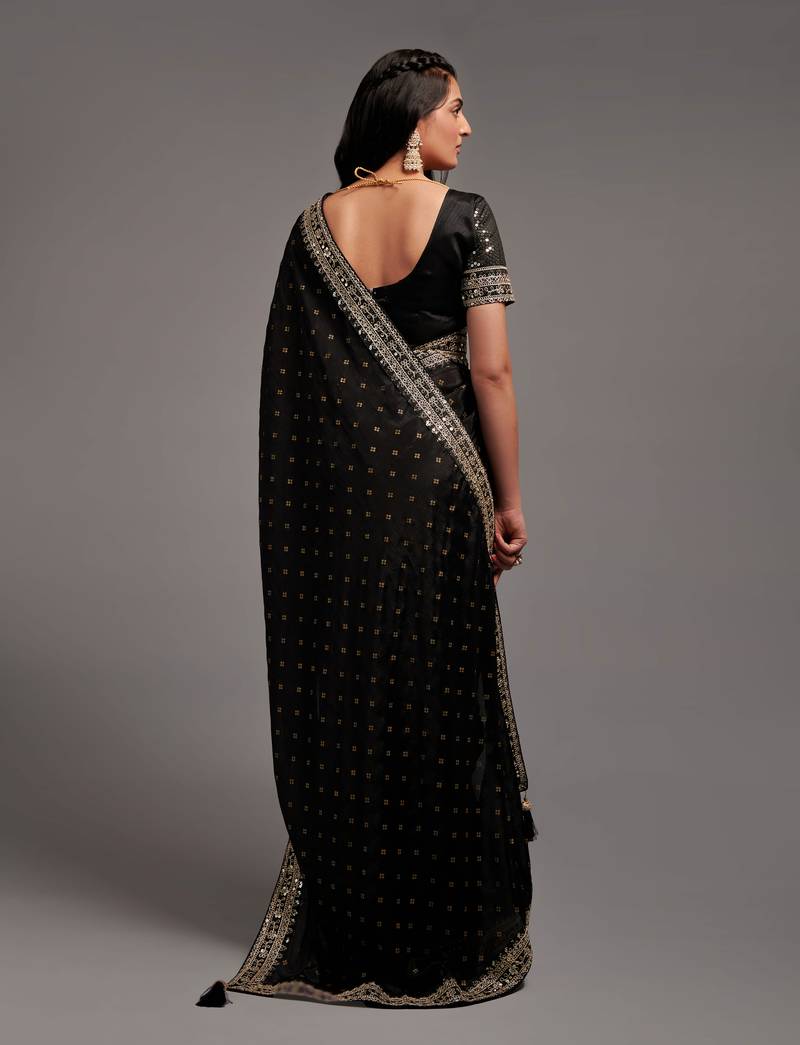Black Color Bandhani Print Chinon Fabric Saree with Heavy Zari Embroidery Sequins Work Border Lace work With Waist Belt