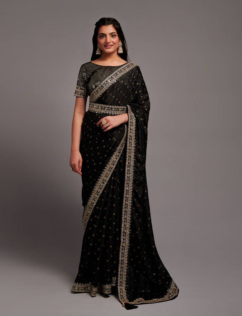 Black Color Bandhani Print Chinon Fabric Saree with Heavy Zari Embroidery Sequins Work Border Lace work With Waist Belt