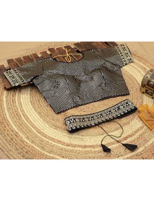 Black Color Bandhani Print Chinon Fabric Saree with Heavy Zari Embroidery Sequins Work Border Lace work With Waist Belt 6