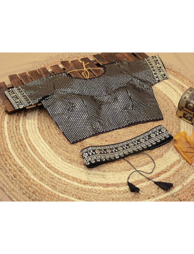 Black Color Bandhani Print Chinon Fabric Saree with Heavy Zari Embroidery Sequins Work Border Lace work With Waist Belt