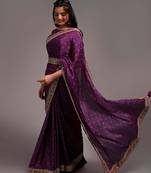 Wine Color Bandhani Print Chinon Fabric Saree with Heavy Zari Embroidery Sequins Work Border Lace work With Waist Belt