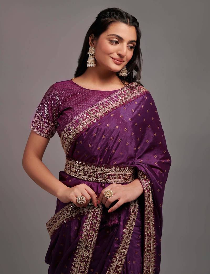 Wine Color Bandhani Print Chinon Fabric Saree with Heavy Zari Embroidery Sequins Work Border Lace work With Waist Belt