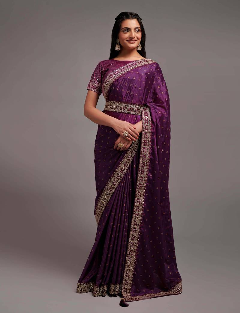 Wine Color Bandhani Print Chinon Fabric Saree with Heavy Zari Embroidery Sequins Work Border Lace work With Waist Belt