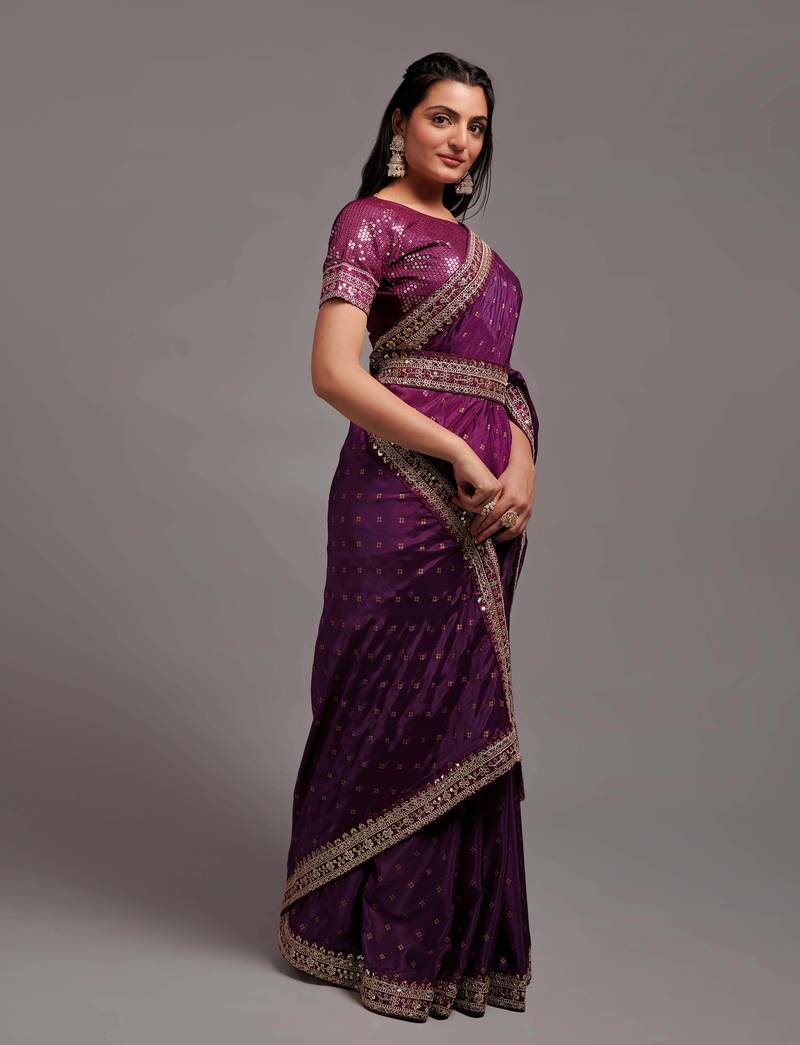 Wine Color Bandhani Print Chinon Fabric Saree with Heavy Zari Embroidery Sequins Work Border Lace work With Waist Belt