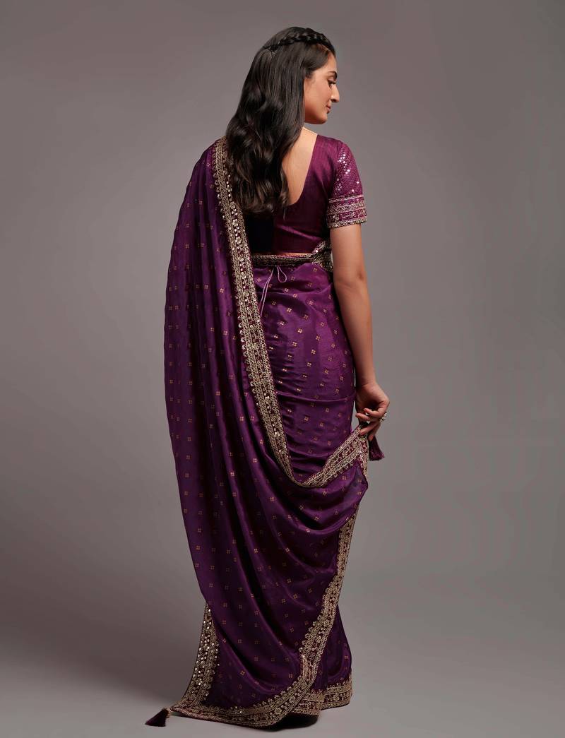 Wine Color Bandhani Print Chinon Fabric Saree with Heavy Zari Embroidery Sequins Work Border Lace work With Waist Belt