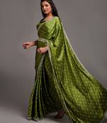 Mehendi color Bandhani Print Satin Fabric Saree with Embroidery Sequins Work Lace and Blouse With Waist Belt