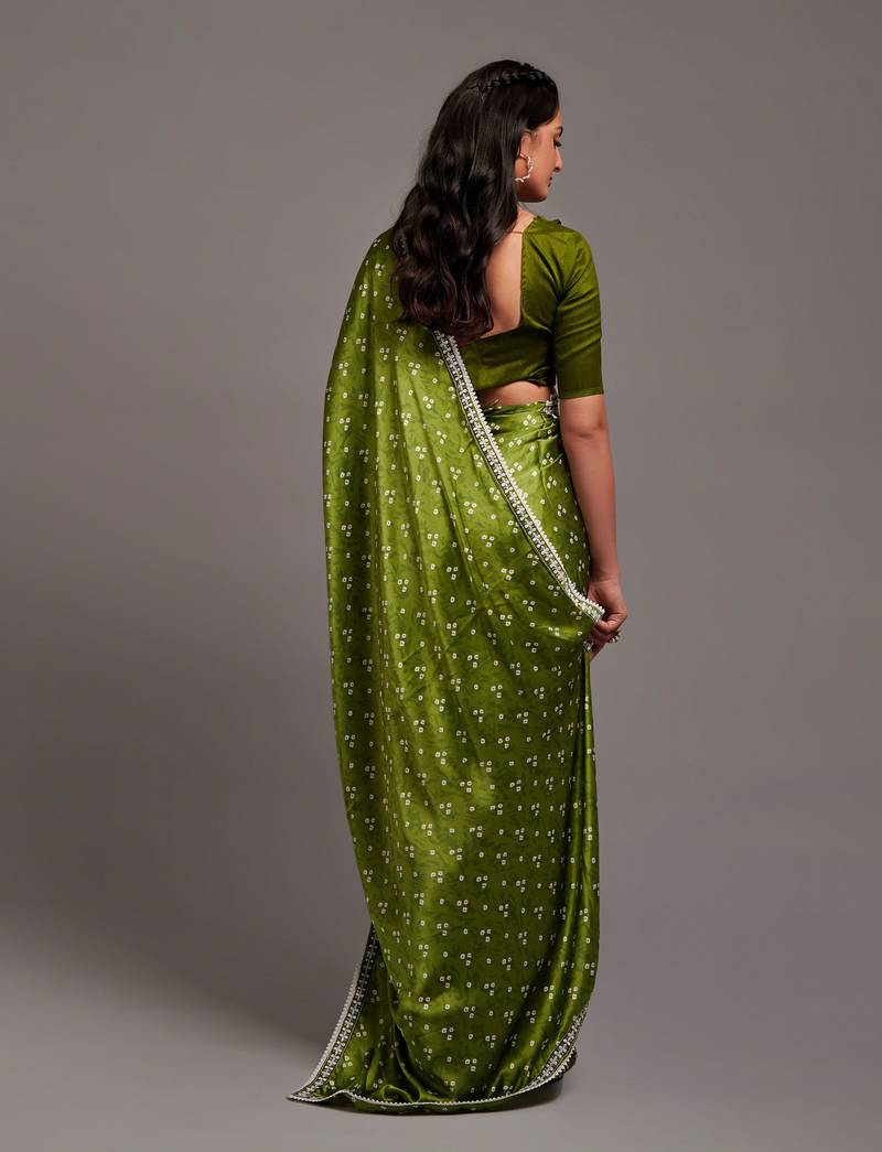 Mehendi color Bandhani Print Satin Fabric Saree with Embroidery Sequins Work Lace and Blouse With Waist Belt
