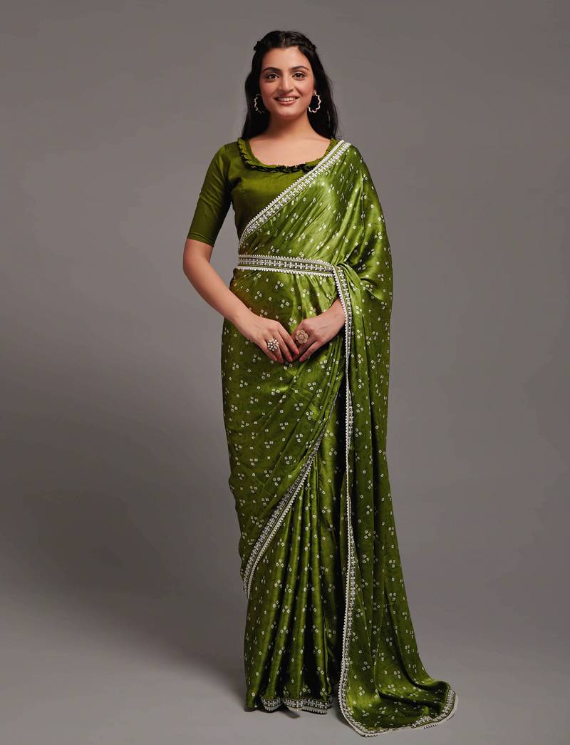 Mehendi color Bandhani Print Satin Fabric Saree with Embroidery Sequins Work Lace and Blouse With Waist Belt