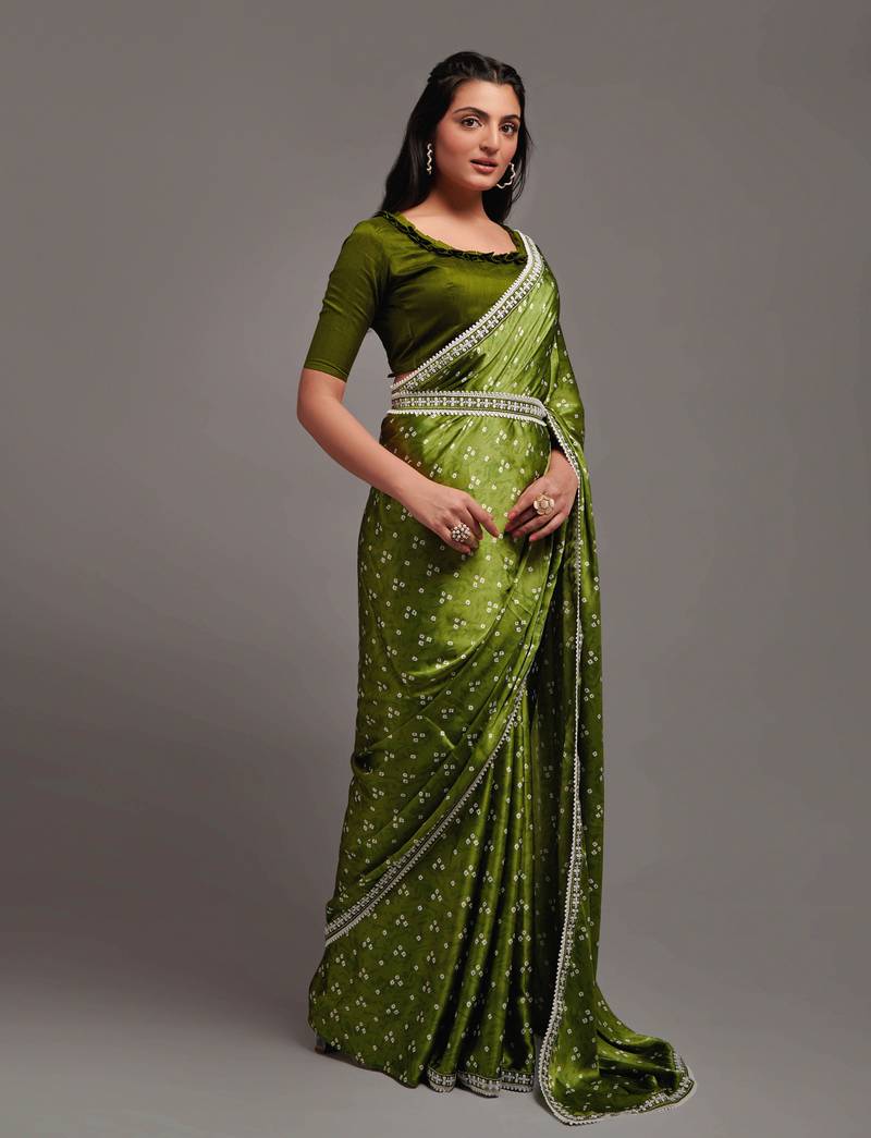 Mehendi color Bandhani Print Satin Fabric Saree with Embroidery Sequins Work Lace and Blouse With Waist Belt