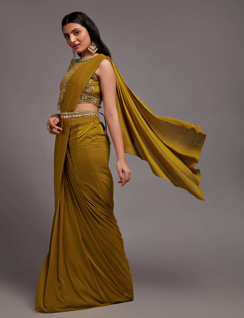 Ready To Wear Malai 4X4 Lacra Stitched Saree And Heavy Embroidery Multi Sequins Work Blouse With Embroidery Waist Belt