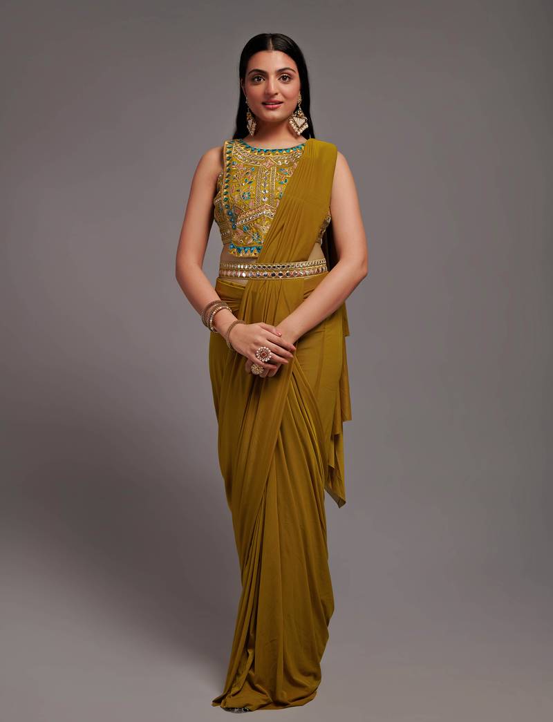 Ready To Wear Malai 4X4 Lacra Stitched Saree And Heavy Embroidery Multi Sequins Work Blouse With Embroidery Waist Belt
