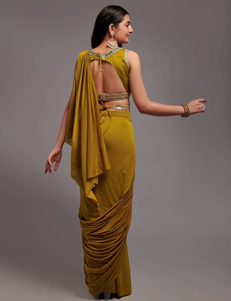 Ready To Wear Malai 4X4 Lacra Stitched Saree And Heavy Embroidery Multi Sequins Work Blouse With Embroidery Waist Belt