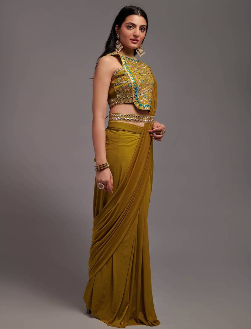 Ready To Wear Malai 4X4 Lacra Stitched Saree And Heavy Embroidery Multi Sequins Work Blouse With Embroidery Waist Belt