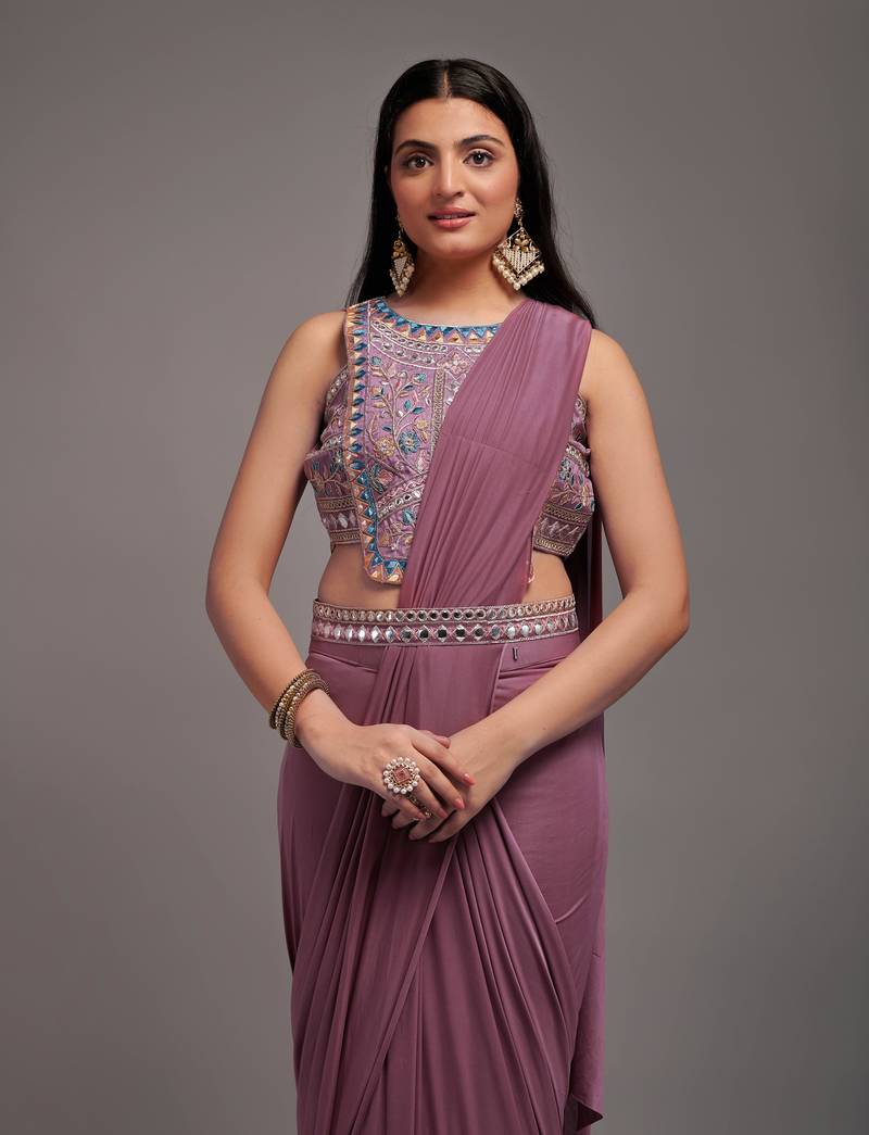 Wild Berry Lacra Sequin Embroidered Ready to Wear Saree With Waist Belt