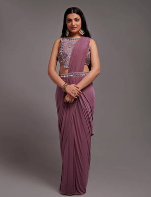 Wild Berry Lacra Sequin Embroidered Ready to Wear Saree With Waist Belt 3