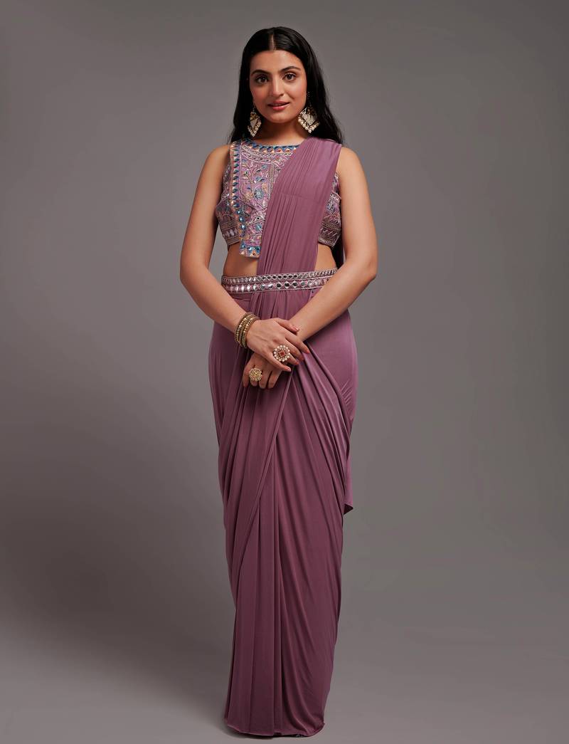 Wild Berry Lacra Sequin Embroidered Ready to Wear Saree With Waist Belt