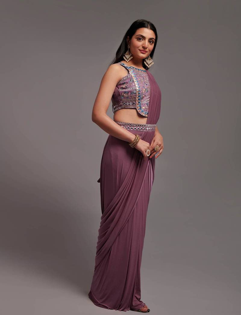 Wild Berry Lacra Sequin Embroidered Ready to Wear Saree With Waist Belt