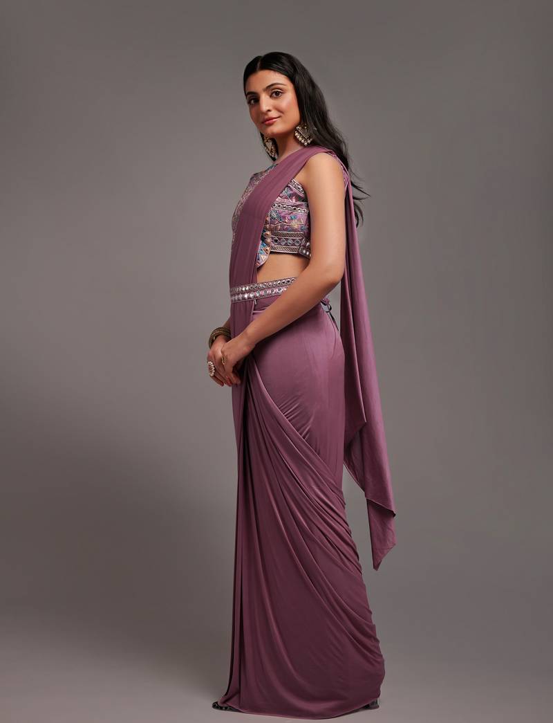 Wild Berry Lacra Sequin Embroidered Ready to Wear Saree With Waist Belt