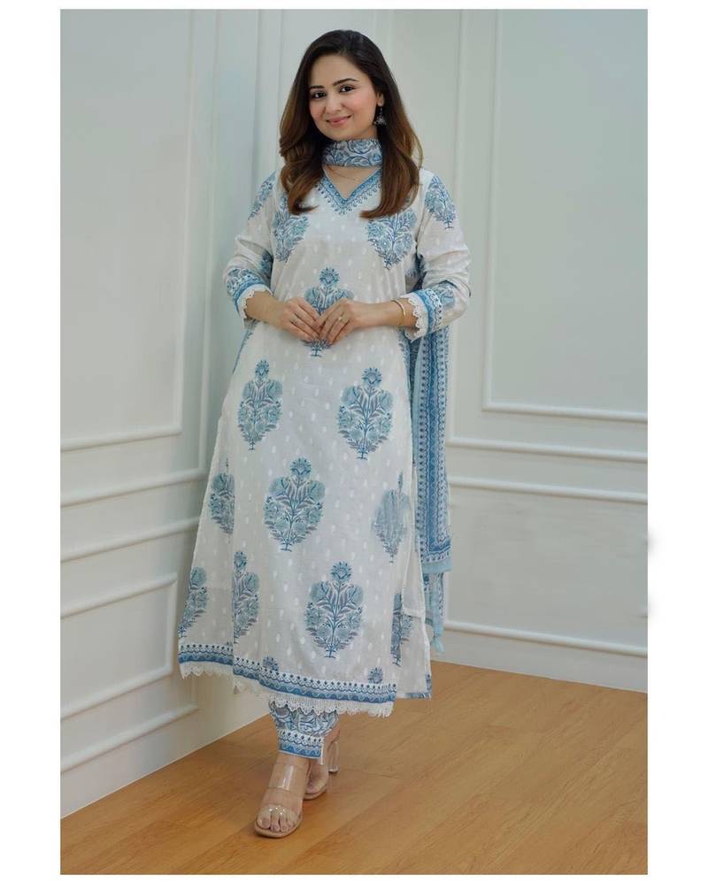 Women's Cotton Kurti Pant with Dupatta Set