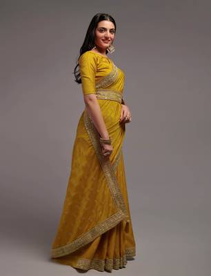 Bandhani Print Chinon Fabric Saree with Embroidery Sequins Lace Border work With Waist Belt 5