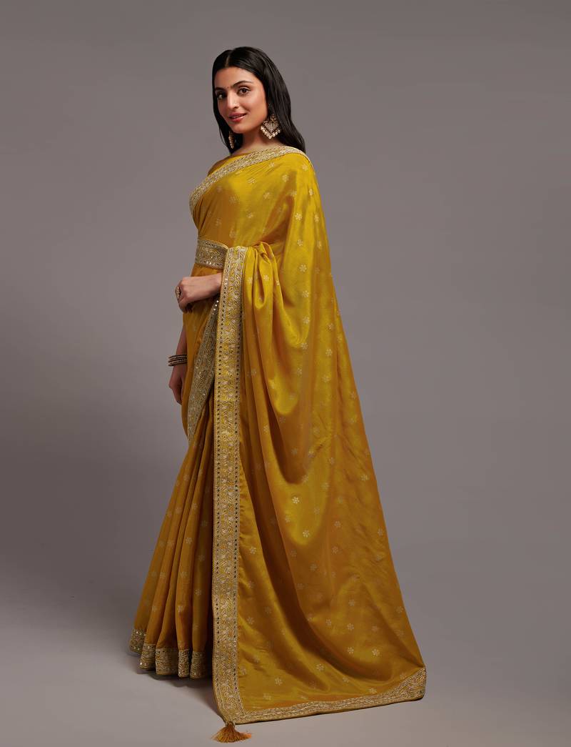 Bandhani Print Chinon Fabric Saree with Embroidery Sequins Lace Border work With Waist Belt