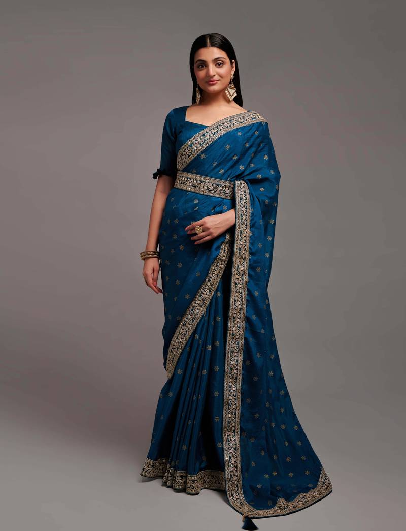 Bandhani Print Chinon Fabric Saree with Embroidery Sequins Lace Border work With Waist Belt