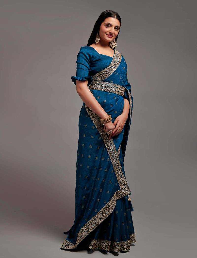 Bandhani Print Chinon Fabric Saree with Embroidery Sequins Lace Border work With Waist Belt