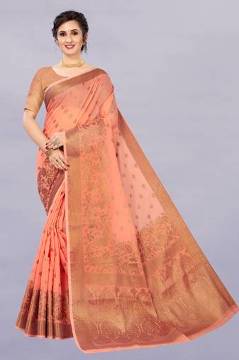 Peach Color Cotton Silk Party Wear Saree With Rich Zari Pallu & Designer Blouse