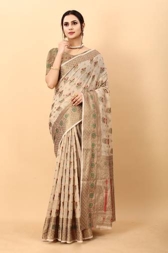 Beige Color Cotton Silk Party Wear Saree With Rich Zari Pallu & Designer Blouse