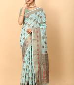 Sky Blue Color Cotton Silk Party Wear Saree With Rich Zari Pallu & Designer Blouse