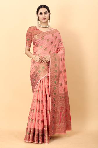 Peach Color Cotton Silk Party Wear Saree With Rich Zari Pallu & Designer Blouse