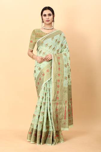 Light Green Color Cotton Silk Party Wear Saree With Rich Zari Pallu & Designer Blouse