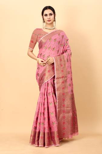 Pink Color Cotton Silk Party Wear Saree With Rich Zari Pallu & Designer Blouse