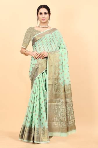 Light Green Color Cotton Silk Party Wear Saree With Rich Zari Pallu & Designer Blouse