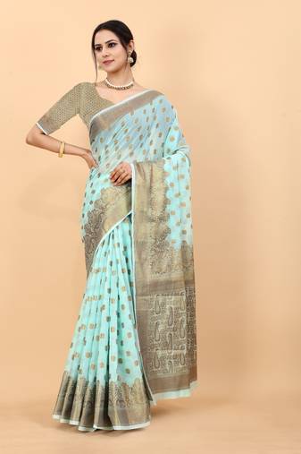Sky Blue Color Cotton Silk Party Wear Saree With Rich Zari Pallu & Designer Blouse