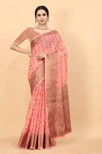 Peach Color Cotton Silk Party Wear Saree With Rich Zari Pallu & Designer Blouse