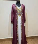 Wine and white luxurious Full Sleeves Moroccan Kaftan With Sun-proof hijab.