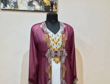 Wine and white Full Sleeves Moroccan Kaftan With Sun-proof hijab 2