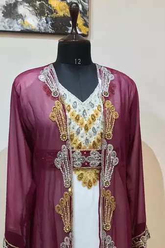 Wine and white Full Sleeves Moroccan Kaftan With Sun-proof hijab