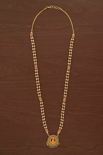 Off-white pearl with ruby connector LONG necklace with laxmi pendant one gram gold temple jewellery