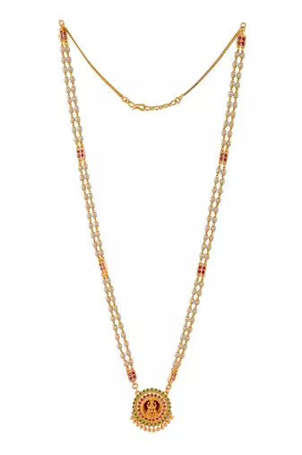 Off-white pearl with ruby connector LONG necklace with laxmi pendant one gram gold temple jewellery