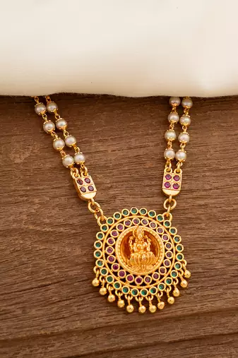 Off-white pearl with ruby connector LONG necklace with laxmi pendant one gram gold temple jewellery