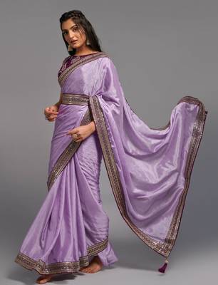 Onion Color Bandhani Print Chinon Fabric Saree with Embroidery Sequins Lace Border work With Waist Belt 1