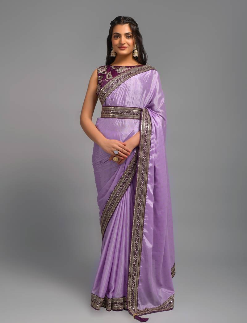 Onion Color Bandhani Print Chinon Fabric Saree with Embroidery Sequins Lace Border work With Waist Belt