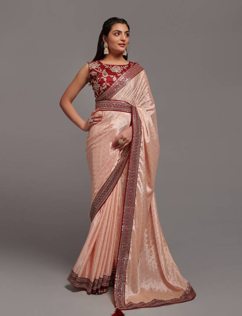 Peach Color Onion Color Bandhani Print Chinon Fabric Saree with Embroidery Sequins Lace Border work With Waist Belt