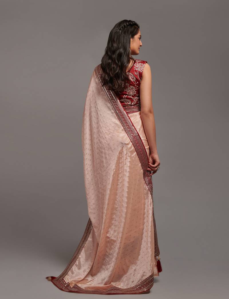 Peach Color Onion Color Bandhani Print Chinon Fabric Saree with Embroidery Sequins Lace Border work With Waist Belt