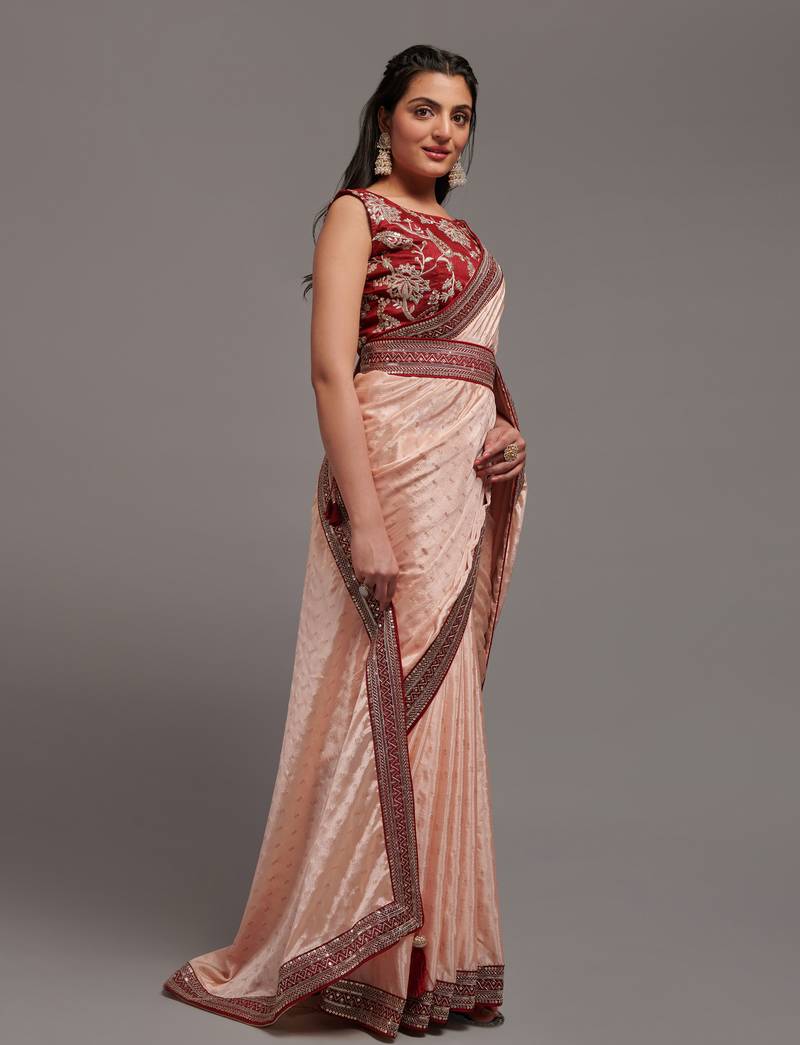 Peach Color Onion Color Bandhani Print Chinon Fabric Saree with Embroidery Sequins Lace Border work With Waist Belt